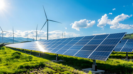 Solar panels in a green field with wind turbines under a bright blue sky, showcasing renewable energy