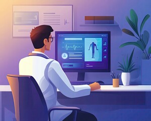 A doctor analyzing patient data on computer.