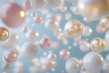 Naklejka premium Floating orbs of pastel hues dance gracefully in a soft-blue sky, creating a whimsical atmosphere filled with light and tranquility. Generative AI