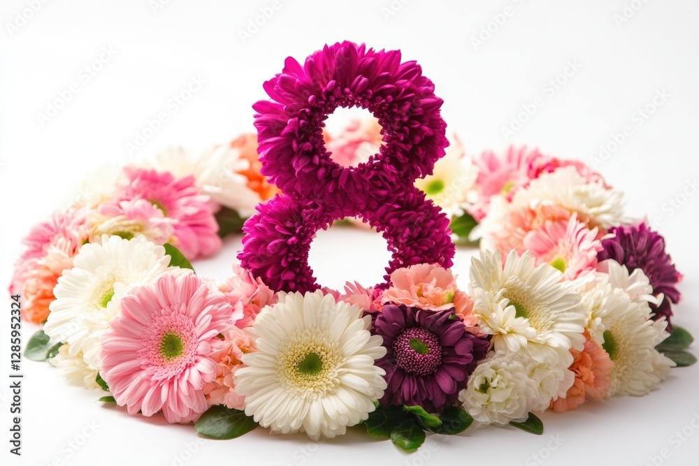 Poster a delicate flower arrangement forms the shape of the numeral eight on a white background