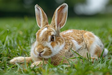 Fototapeta premium A cute, brown and white rabbit rests peacefully in a lush green grass.