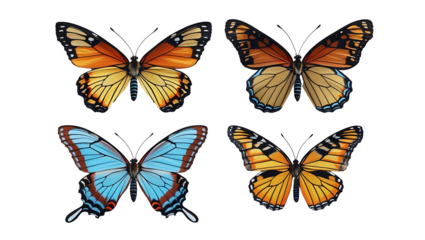 Realistic colorful butterflies in various poses with intricate wing patterns, high-resolution 8K digital illustrations isolated on transparent background