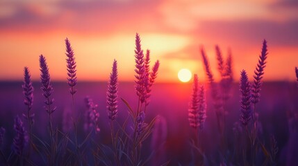 Fototapeta premium A beautiful sunset over a lavender field with flowers