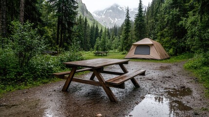 Rainy camping scene in a mountain valley