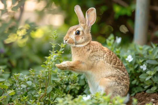 A young brown rabbit sits amidst lush green foliage, delicately nibbling on a plant. - Powered by Adobe