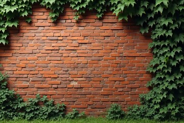 Fototapeta premium Rustic Brick Wall with Climbing Plants and Grass Border