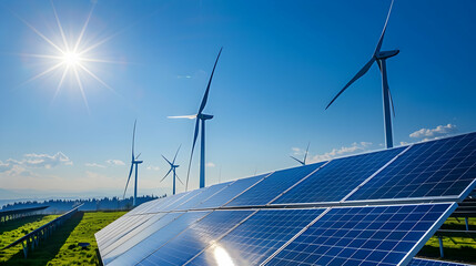 Solar panels in a green field with wind turbines under a bright sun and clear blue sky