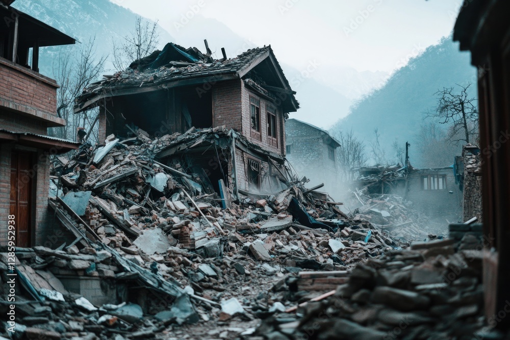 Poster a pile of rubble blocks the entrance of a building