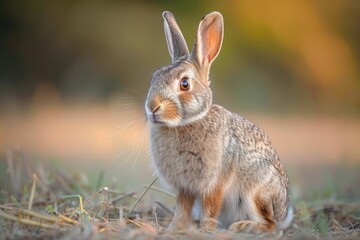 Fototapeta premium A young, alert wild rabbit sits in a field of dry grass, basking in the warm, golden light of sunset.