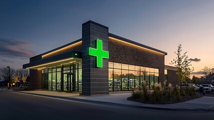 Modern pharmacy exterior illuminated by a glowing green cross sign at dusk, offering a clean and inviting appearance.
