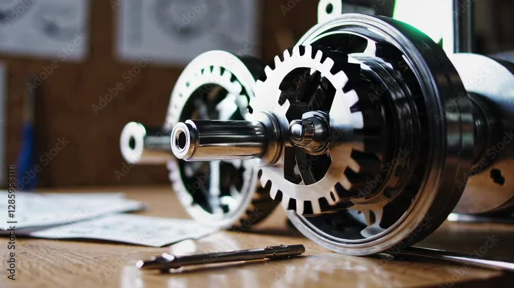 Aufkleber slow motion close up of a complex gear mechanism rotating on a workbench, with engineering blueprint