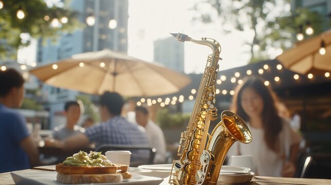 Saxophone on cafe table, city backdrop, brunch