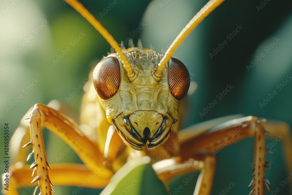 Poster close-up view of a praying mantis' face, suitable for use in entomology or nature-related illustrati