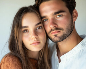 A couple hugging each other on a white background
