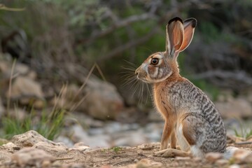 Fototapeta premium A desert jackrabbit sits alertly amidst rocks and sparse vegetation, showcasing its striking camouflage.