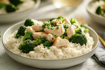A simple and healthy meal option featuring cooked rice, chicken, and steamed broccoli