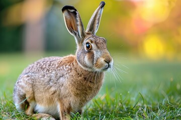 A European hare sits in a grassy field, alert and watchful, bathed in the warm glow of sunset.