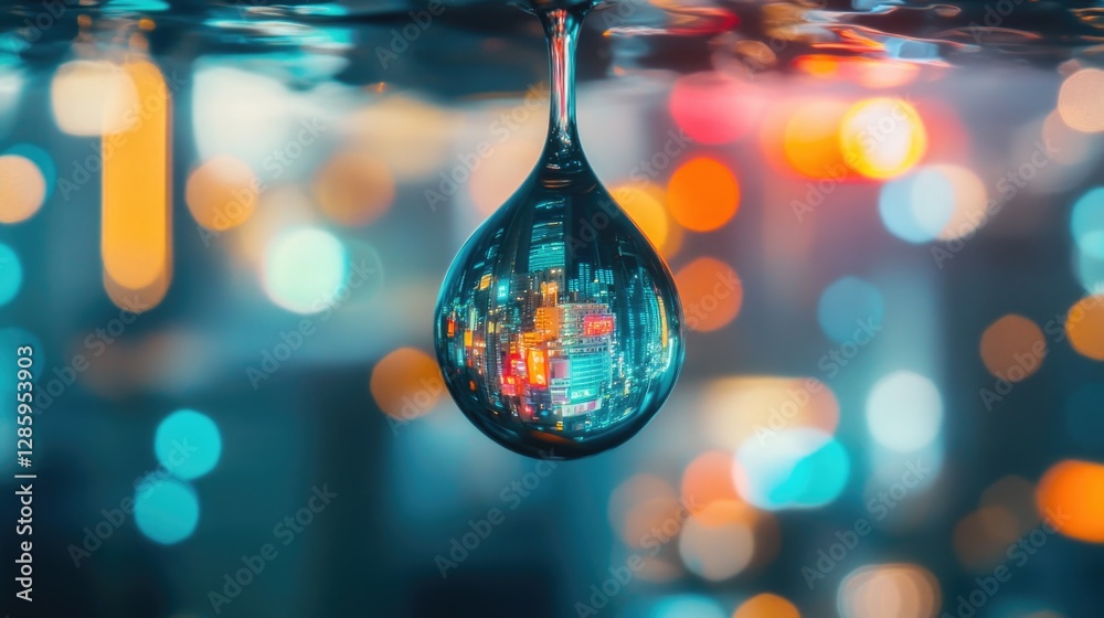 Poster a still life image showing a wine glass with a cityscape reflected inside, perfect for use in advert