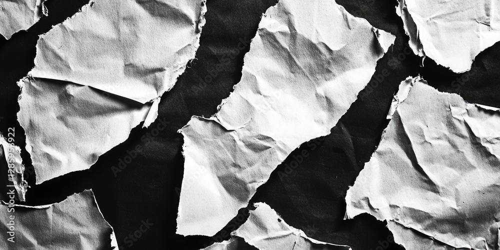 Poster A close-up view of torn pieces of paper in shades of gray, suitable for use as a texture or design element