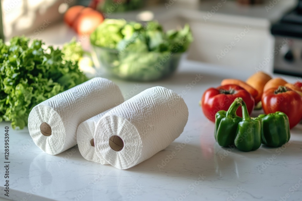 Poster two rolls of toilet paper sit on top of a countertop, ready for use