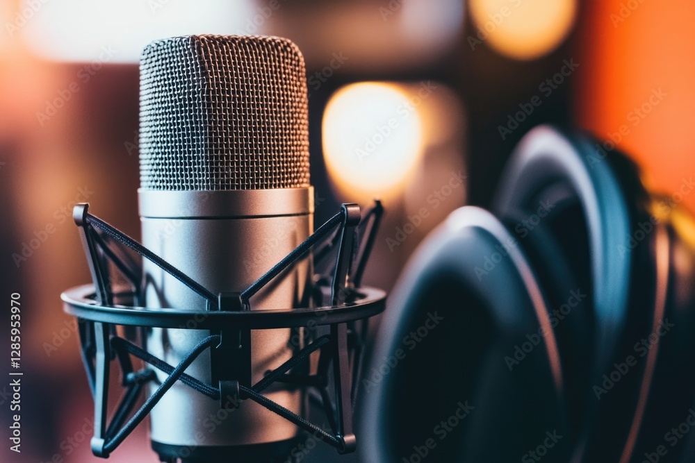 Poster a close-up shot of a microphone on a desk in a recording studio, with a blurred background