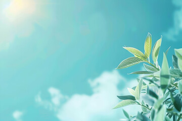 Fototapeta premium Lush green leaves reaching towards a bright blue sky with soft clouds in the background