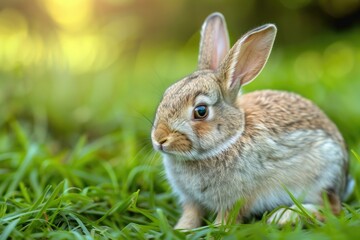 Fototapeta premium Adorable young rabbit sitting in lush green grass, bathed in sunlight.