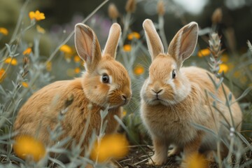 Obraz premium Two adorable orange rabbits nestled amidst yellow wildflowers in a lush garden.