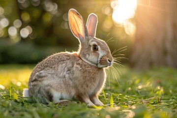Fototapeta premium A cute brown rabbit sits in a lush green meadow, bathed in the warm golden light of the setting sun.