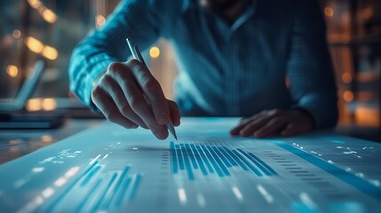 A focused professional meticulously analyzing data charts under cool blue light, revealing insights in a late-night work session.