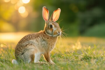 Fototapeta premium A brown rabbit sits in the grass, bathed in the golden light of sunset.
