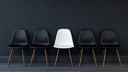 Obraz premium Single white chair in black chair lineup, grey industrial background, 3D render, business theme 
