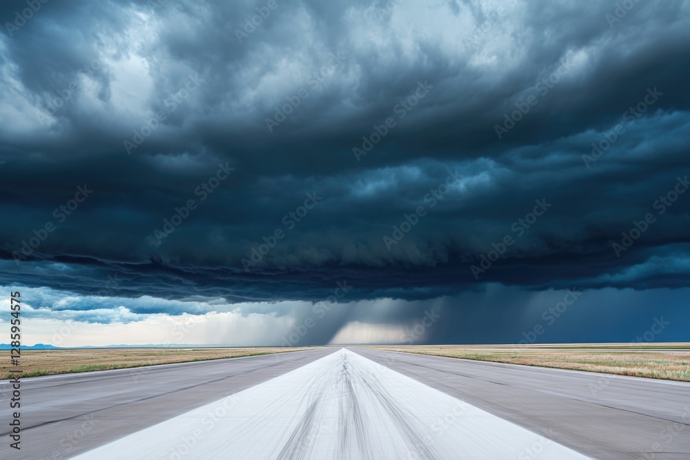 Canvas Prints A large storm cloud approaches the airport runway, with lightning and thunder