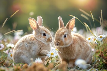 Fototapeta premium Two adorable bunnies in a field of daisies, enjoying the spring sunshine.