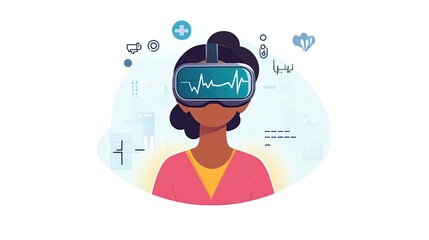 Woman using VR technology for health monitoring.
