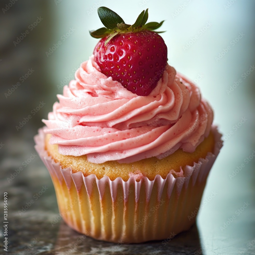 Canvas Prints A sweet treat featuring a cupcake with pink frosting and a strawberry on top