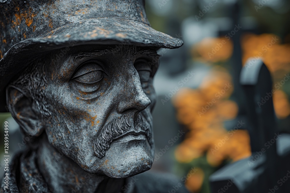 Poster a close-up shot of a statue depicting a man wearing a hat, suitable for use in historical or cultura