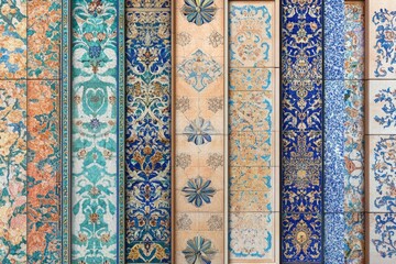 A close-up shot of variously colored tiles on a wall, ideal for use in interior design or DIY projects