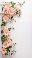 Soft dreamy maternity backdrop featuring pink flowers and green leaves on a white wall for photo shoots