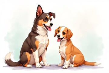 Two Dogs Sitting Side-by-Side, Digital Illustration, Cute Animal Art