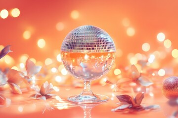 A shiny disco ball sits atop a glass surface, ready to reflect light and create a party atmosphere