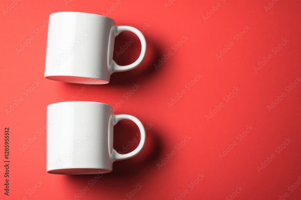 Poster two ceramic cups placed side by side on a vibrant red background