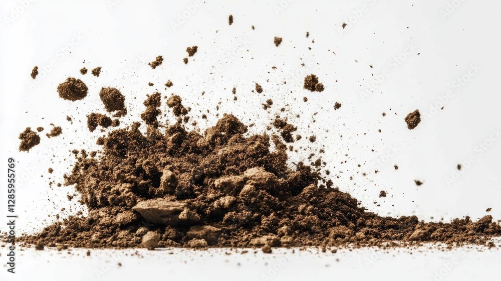 Poster a pile of dirt on a white surface, suitable for use as a texture or background