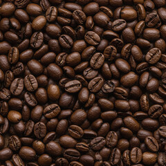 Fototapeta premium Aromatic Coffee Bean Cascade: A close-up shot of a dense pile of roasted coffee beans, each with rich, inviting color. The texture and depth offer a sensory experience.