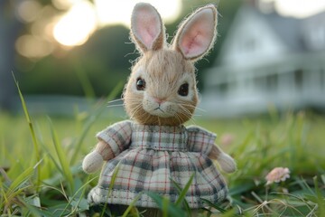Adorable handmade bunny toy in a plaid dress sits in the grass during golden hour.