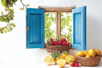 A bowl of strawberries and oranges placed next to a window with natural light