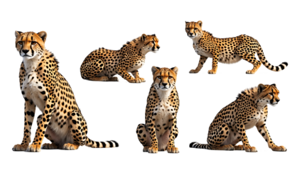A set of cheetahs in different poses isolated on transparent background, high-quality PNG collection of fast and agile big cats