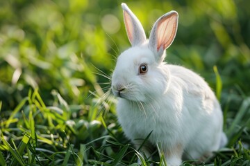 Adorable white rabbit sitting in lush green grass, enjoying the sunlight.
