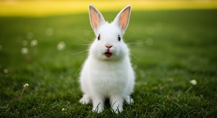Adorable conejo blanco sonriendo a la c&aacute;mara &ndash; Primer plano