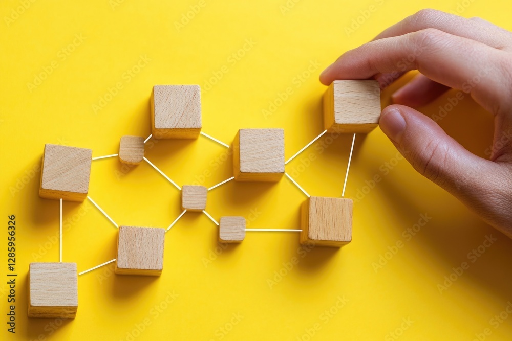 Poster a person holds a wooden block against a bright yellow background, perfect for illustrating creativit